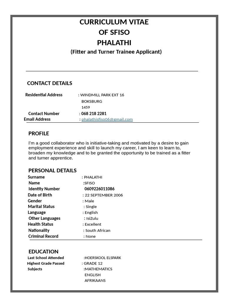 Fitter and Turner Trainee CV: Sfiso Phalathi | PDF