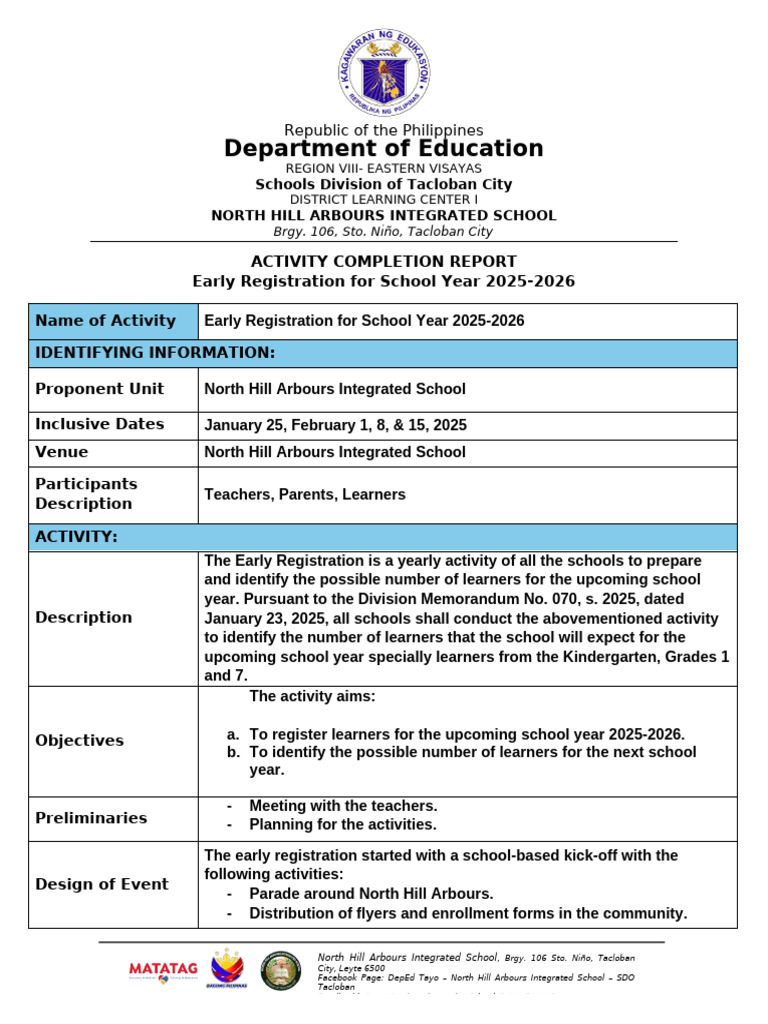 Early Registration Report 2025-2026 | PDF