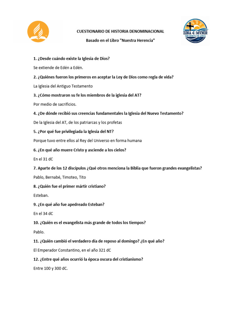 Cuestionario sobre Historia Denominacional | PDF | Iglesia cristiana ...