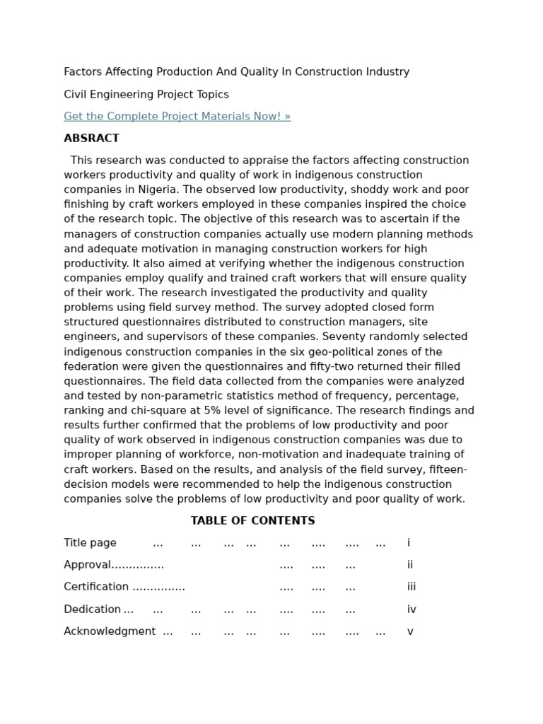 Factors Affecting Production and Quality in Construction Industry | PDF ...