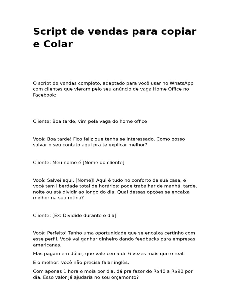 Script de Vendas para WhatsApp Home Office | PDF