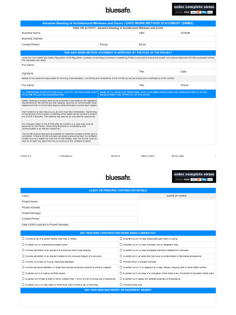Abrasive Blasting SWMS for Windows & Doors | PDF | Personal Protective ...