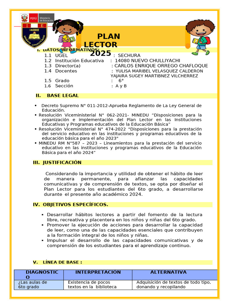 Plan Lector 2024 para 6° Grado en Sechura | PDF | Maestros | Salón de ...