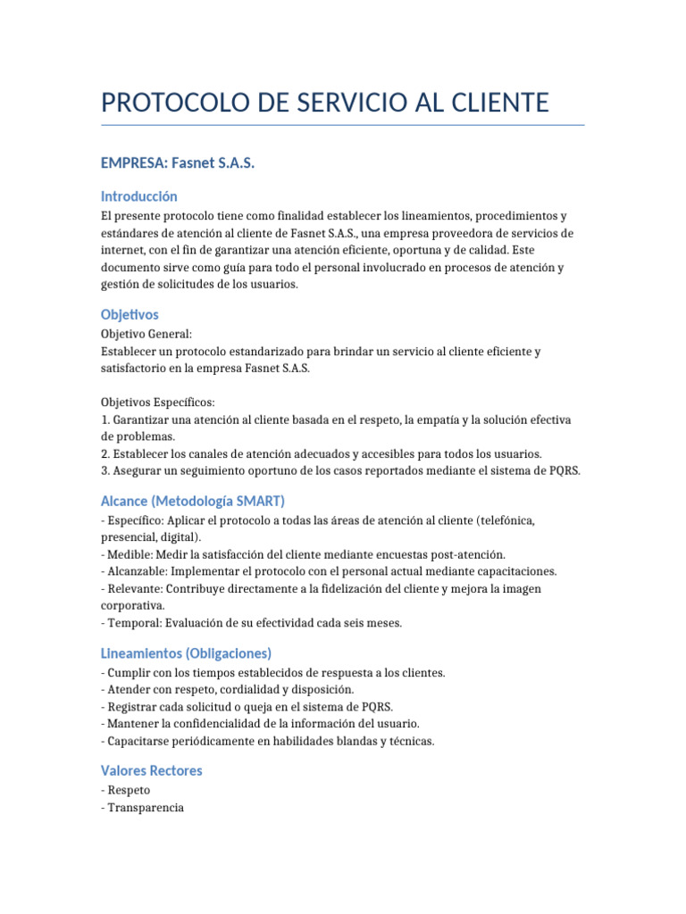 Protocolo de Atención al Cliente Fasnet | PDF | Servicio al Cliente ...