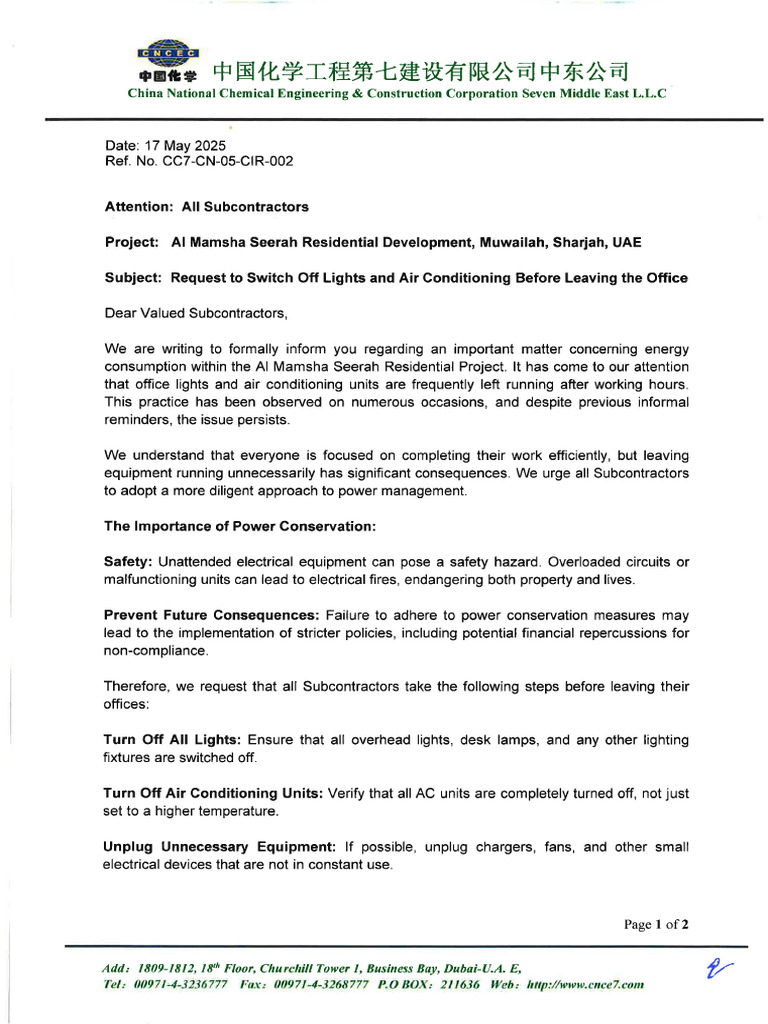 CC7-CN-05-CIR-002 Request To Switch Off Lights and Air Conditioning ...