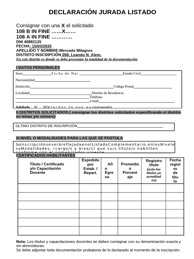 Declaración Jurada de Inscripción Docente | PDF