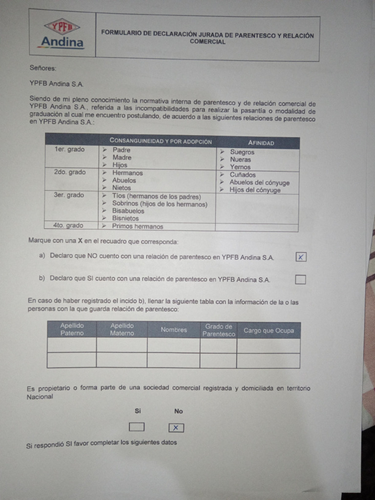 Formulario de Declaración Jurada de Parentesco | PDF | Parentesco ...