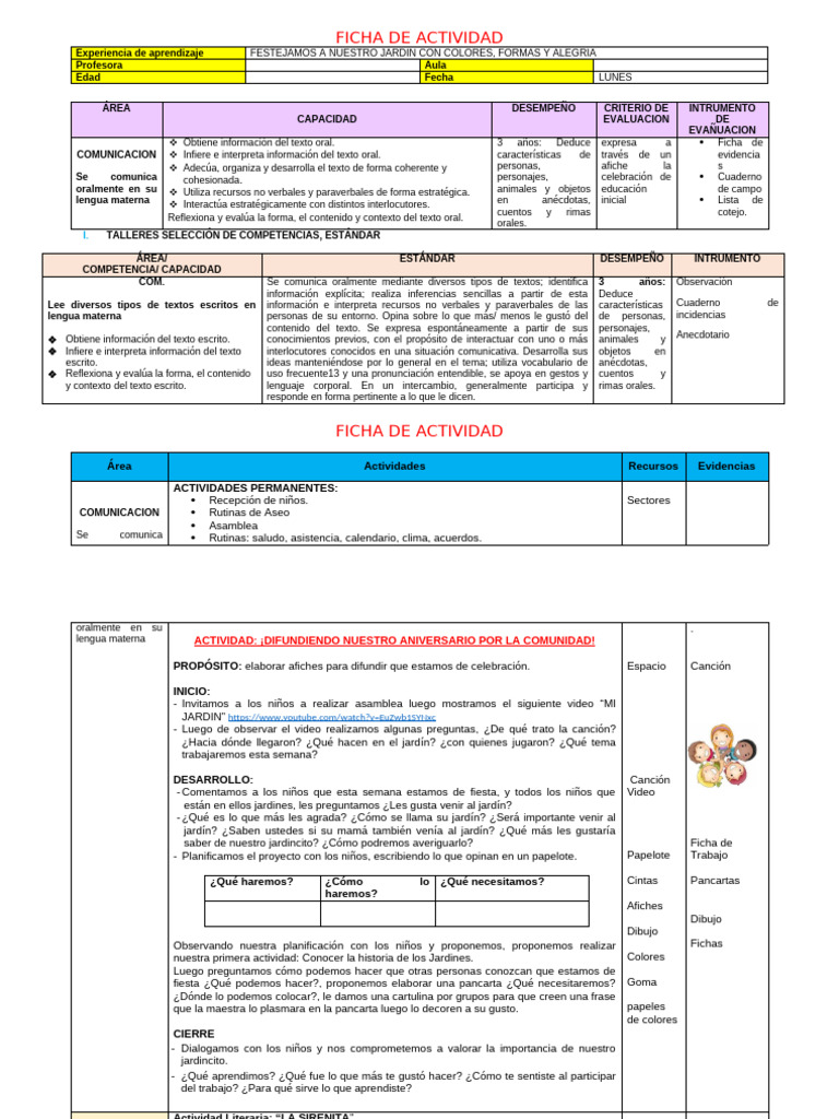 Actividades de Aprendizaje en Jardín Infantil | PDF | Evaluación ...
