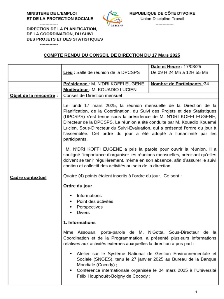 Compte Rendu Conseil de Direction 2025 | PDF | Informatique