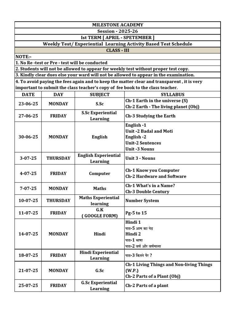 Class III Weekly Test Schedule 2025 | PDF | Language Mechanics ...