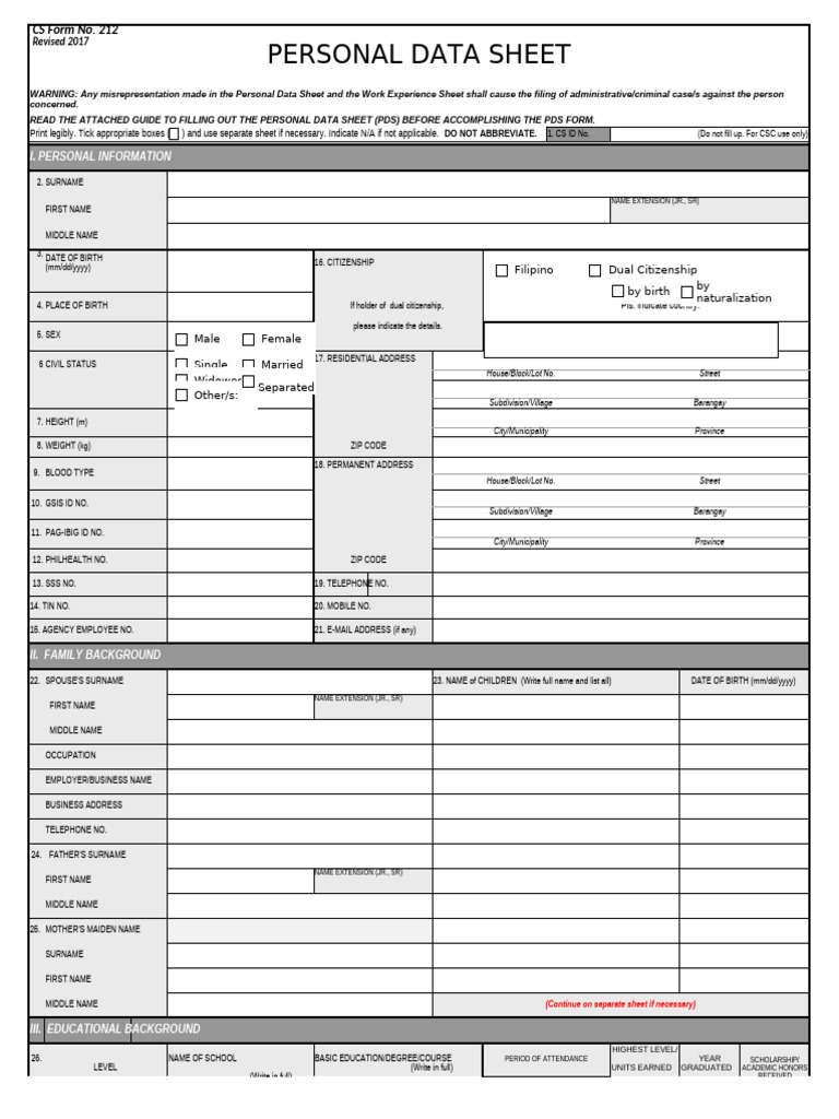 Personal Data Sheet Instructions | PDF | Passport | Crime & Violence