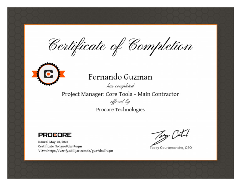 Procore Project Manager Completion Certificate | PDF