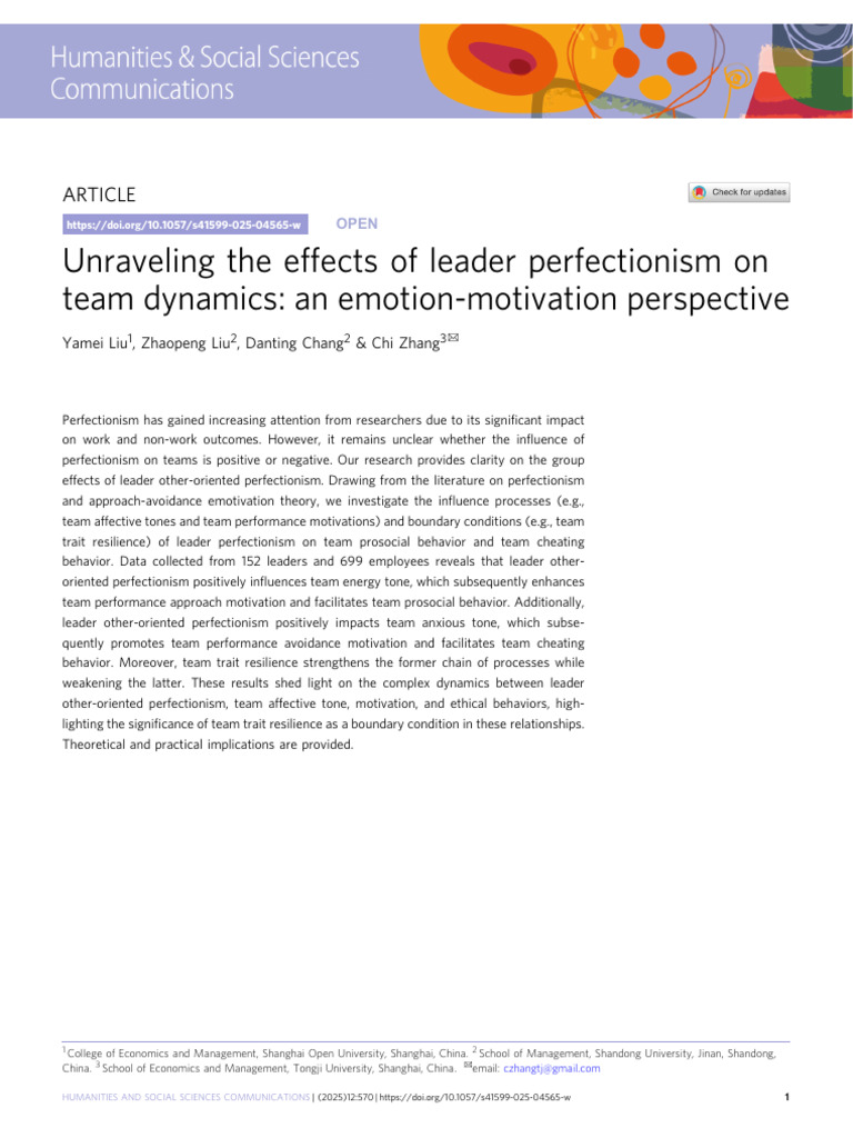 Unraveling The Effects of Leader Perfectionism On Team Dynamics: An ...