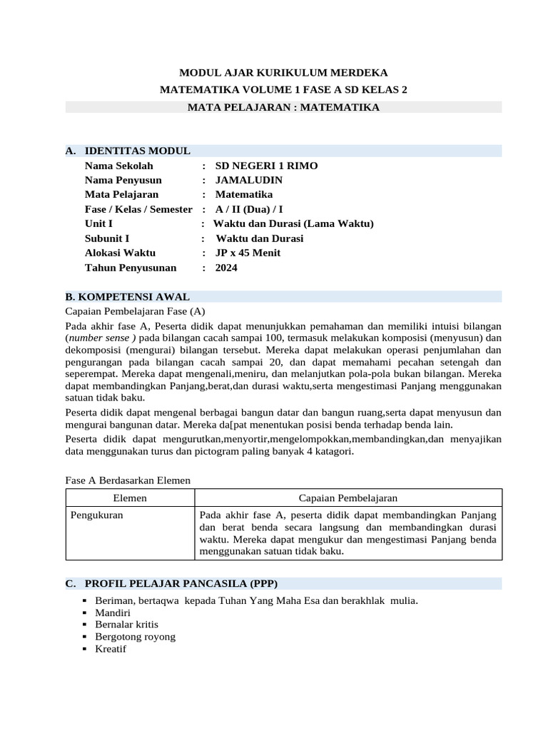 Modul Ajar Matematika Kelas 2 Fase A | PDF