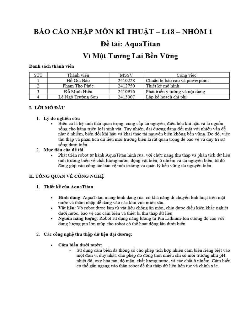 Báo Cáo Nhập Môn Kĩ Thuật - Nhóm 1 | PDF