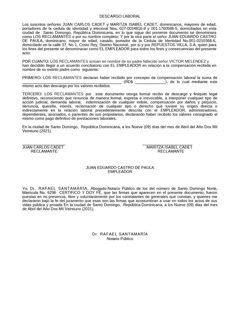 Descargo Laboral Juan Eduardo Castro 08-04-21 | PDF | República Dominicana