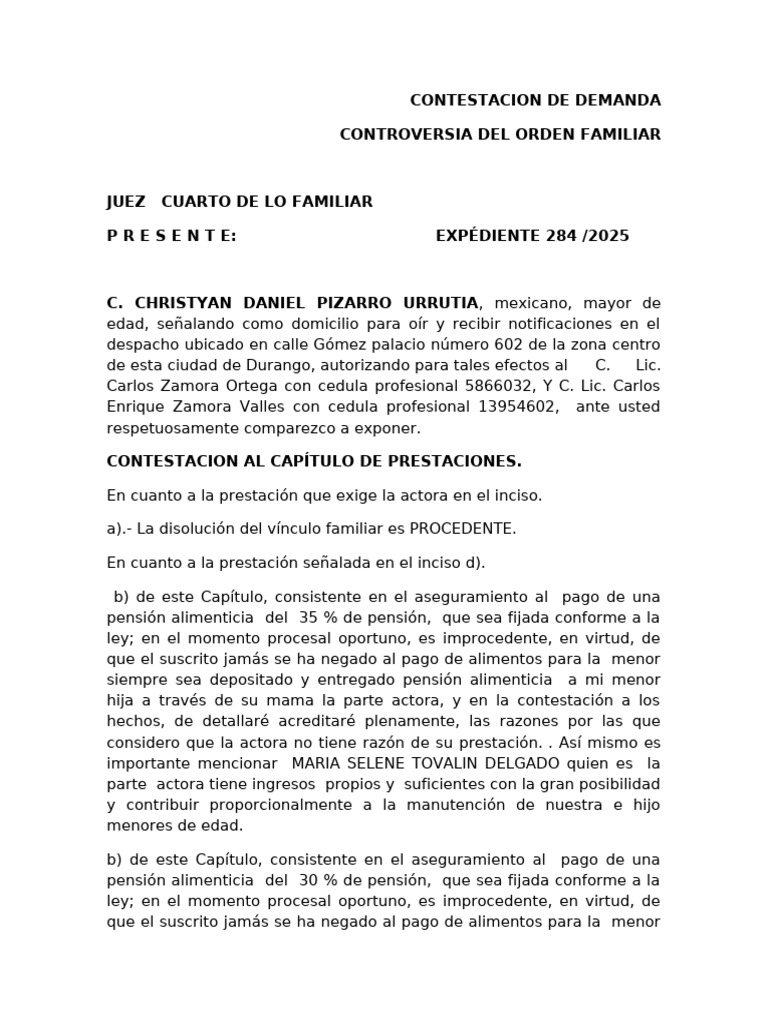 Contestación de Demanda Familiar 2025 | PDF | Pensión alimenticia ...