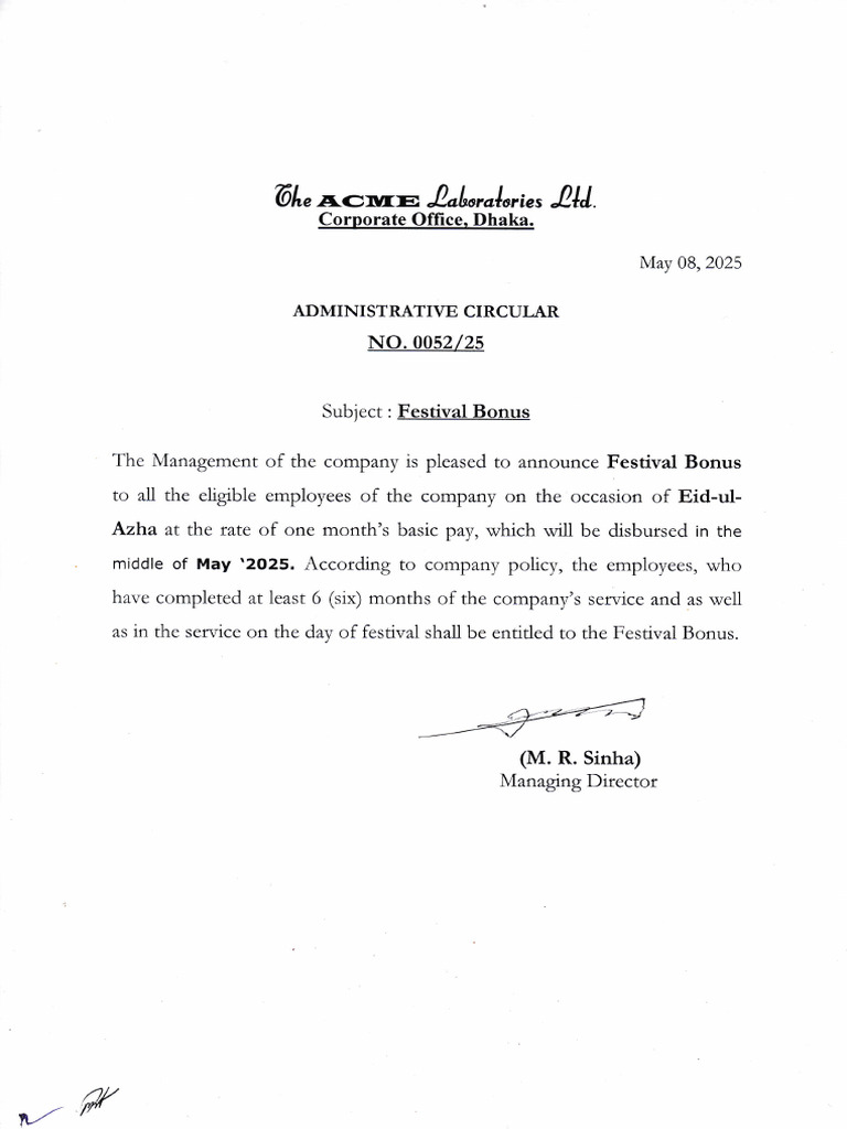 Admin Circular 0052 Festival Bonus Acme - 2025 | PDF