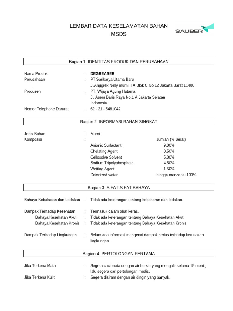 MSDS Degreaser PT Sarikarya Utama | PDF