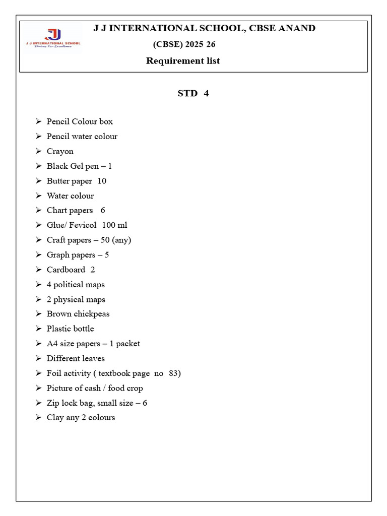 STD 4 Supply List for J J International School | PDF