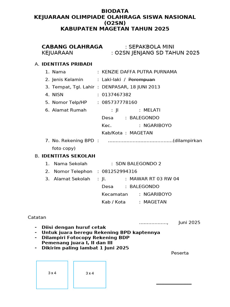 Biodata Kenzie Daffa O2SN 2025 Magetan | PDF