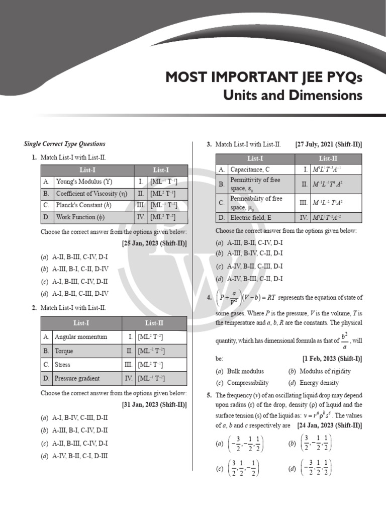 JEE PYQs on Units and Dimensions | PDF | Physical Phenomena | Physical ...