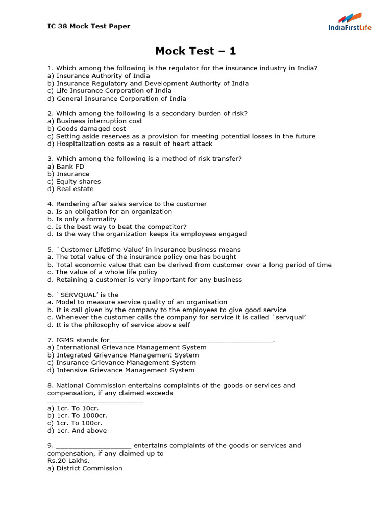 IC 38 Mock Test Questions & Answers | PDF | Insurance | Life Insurance