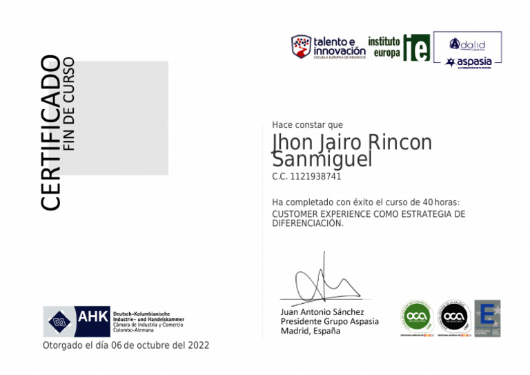 Certificado de Curso en Customer Experience | PDF