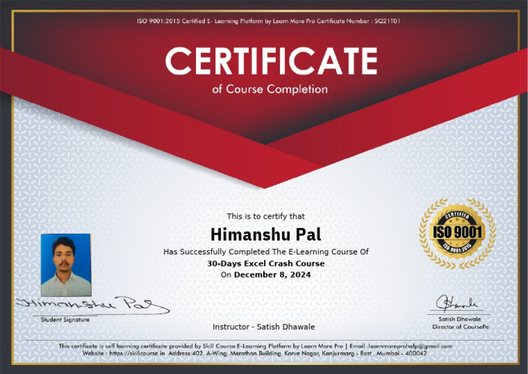 30-Day Excel Crash Course Certificate | PDF