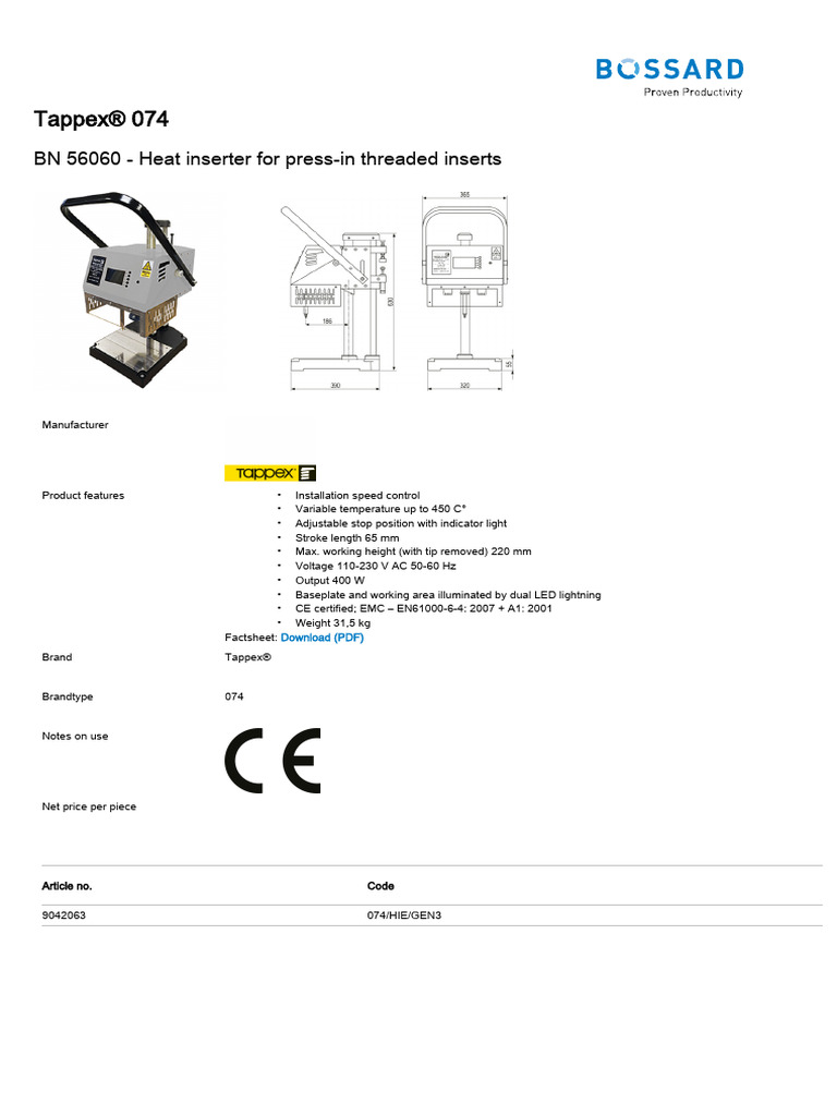 Tappex 074 Heat Inserter Specifications | PDF