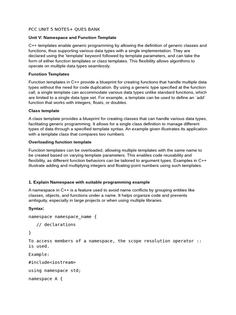 PCC Unit 5 Notes+ QUES BANK | PDF | C++ | Class (Computer Programming)