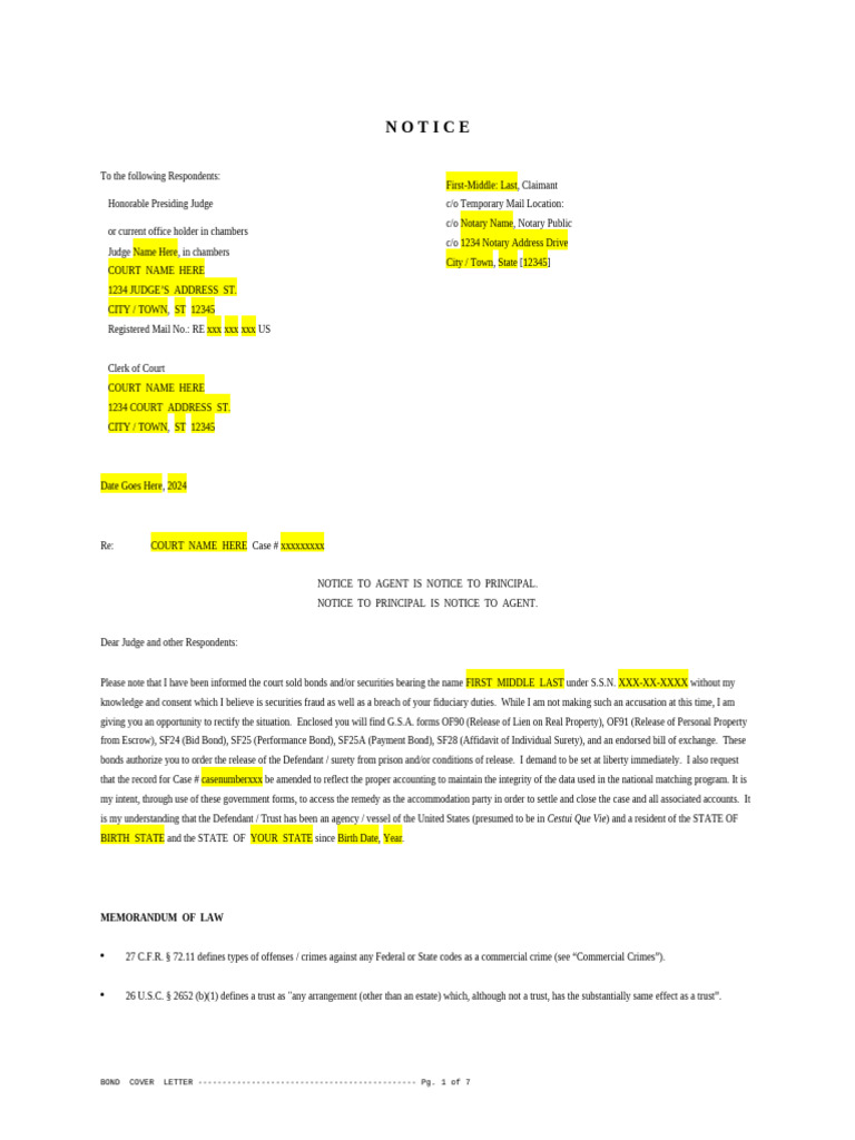 Bond Letter Format and Sample Notice | PDF | Title 18 Of The United ...