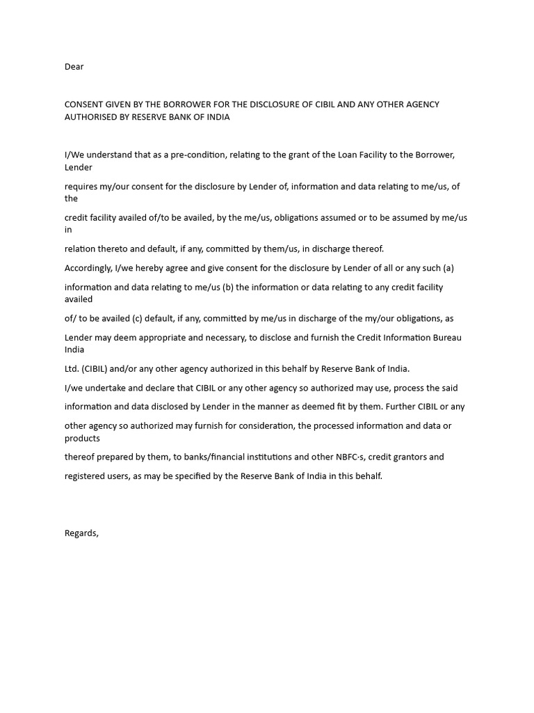 CIBIL Consent Letter for Loan Disclosure | PDF