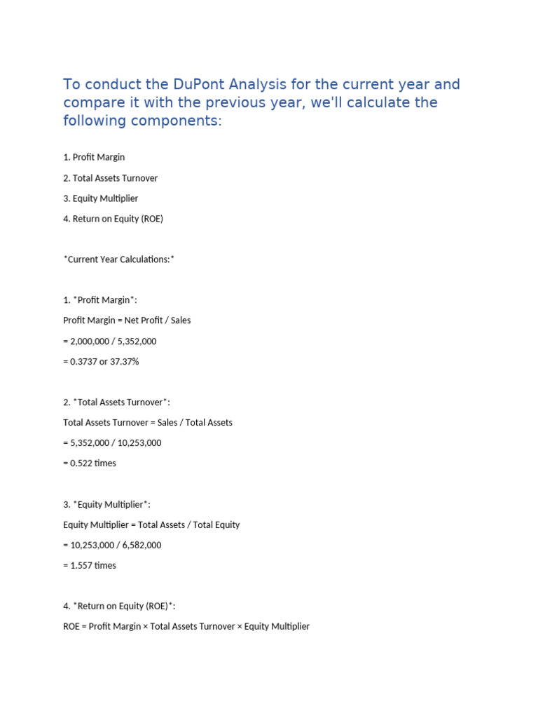 To Conduct The DuPont Analysis For The Current Year and Compare It With ...