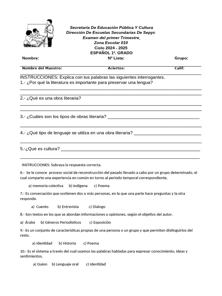 Examen de Español 1º Grado SEP 2024-2025 | PDF | Memoria | Comunicación ...