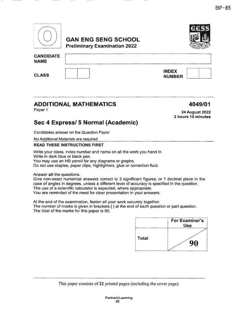 Additional Mathematics Exam Paper 2022 | PDF | Equations | Numbers