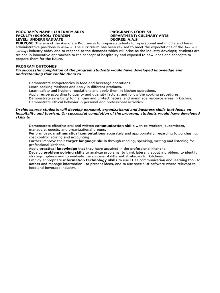 Culinary Arts A.A.S. Program Overview | PDF