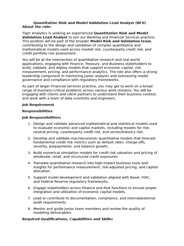 Quantitative Risk Analyst Role in BFS | PDF | Data Science | Artificial ...