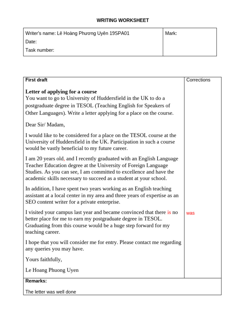 Lehoangphuonguyen Letter of Application For A Course | PDF | English As ...