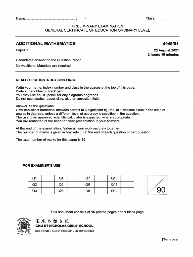 A-Math - Sec 4 Prelims Exam Paper - 2021 - ST Nicholas Girls - Short ...
