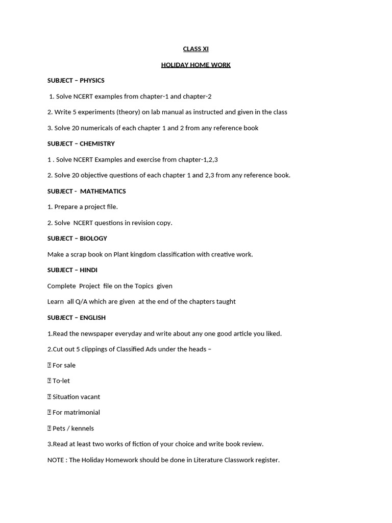 Class XI Holiday Homework Assignments | PDF | Books