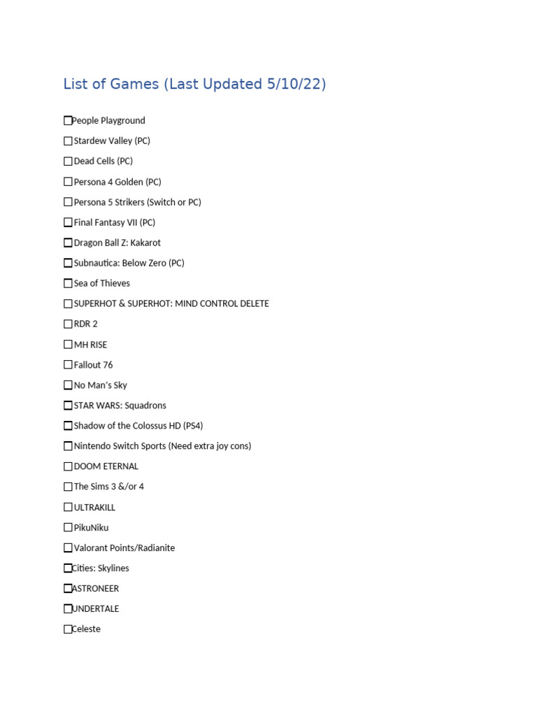 Game List and Updates as of 5/10/22 | PDF