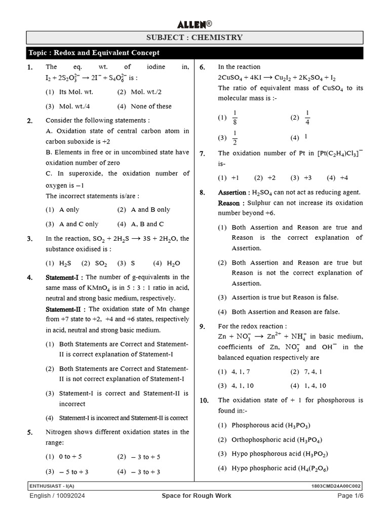 Redox Reactions and Equivalent Concepts in Chemistry | PDF | Redox ...