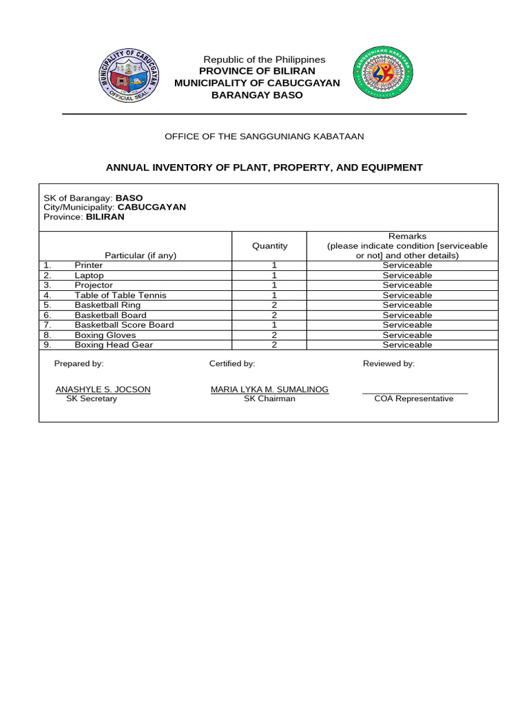 Annual Inventory of SK Equipment in Baso | PDF