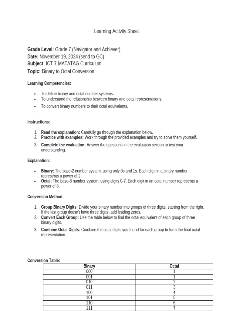 Binary to Octal Conversion Guide | PDF | Arithmetic