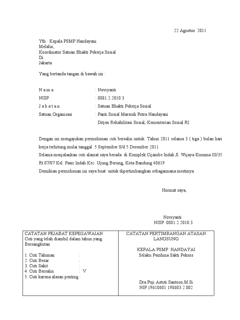 Contoh Surat Permohonan Cuti Melahirkan Doc