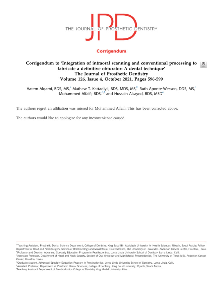 Corrigendum: Dental Obturator Technique | PDF