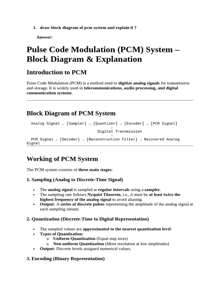 PCM System Block Diagram Explained | PDF | Sampling (Signal Processing ...