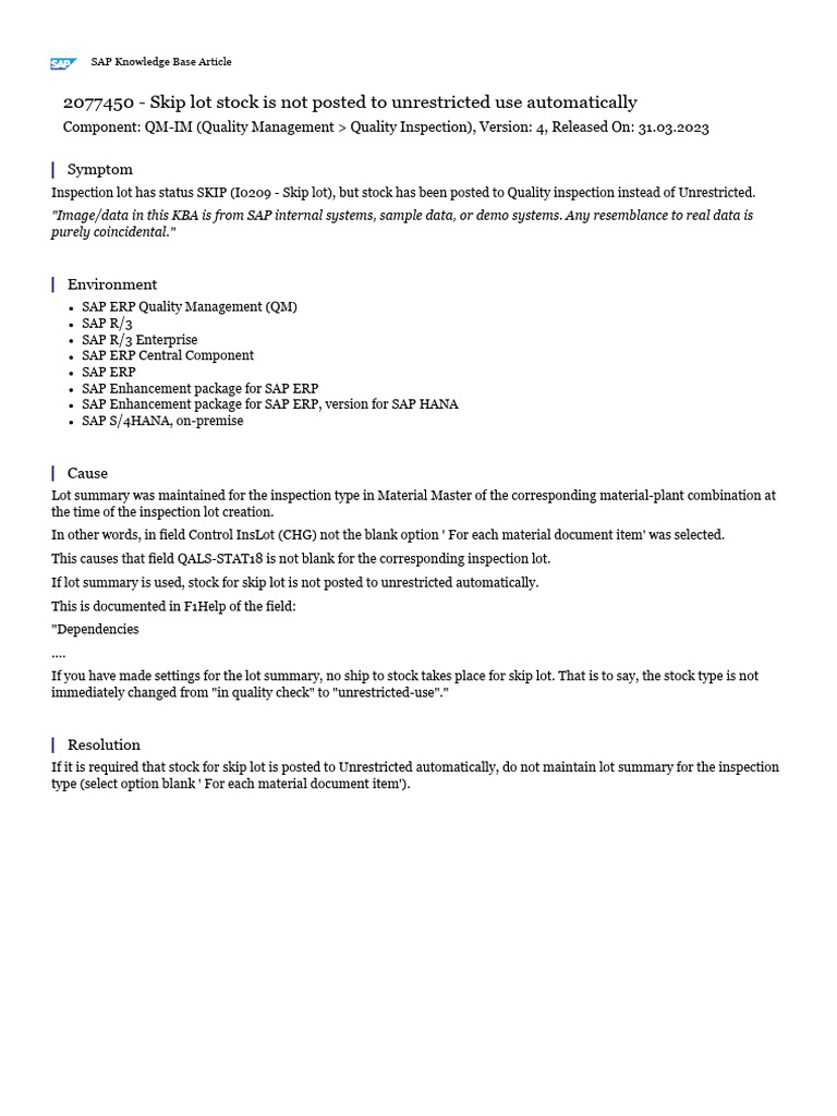Skip Lot Stock Posting Issue in SAP | PDF | Sap Se | Information Technology