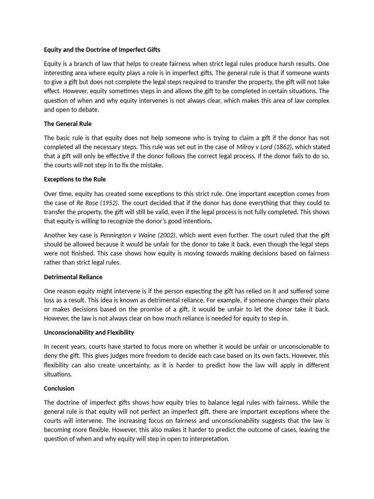 Equity in Imperfect Gifts Explained | PDF | Equity (Law) | Estoppel
